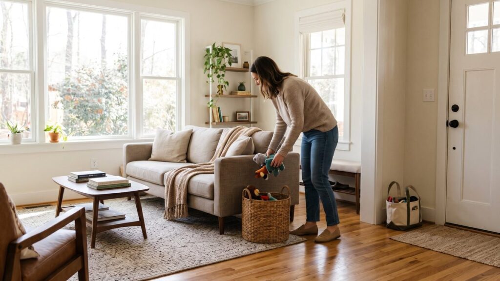 Homeowner putting toys in a basket to tidy a bright living room before cleaners arrive in Raleigh, NC