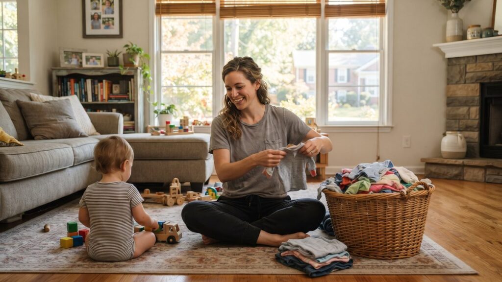 Smiling parent folding laundry on the living room floor next to a toddler playing with wooden toys in a Garner, NC home