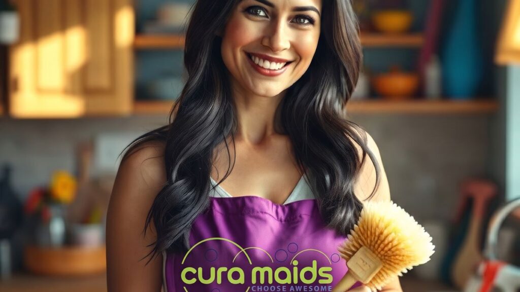 Smiling cleaning professional in a purple Cura Maids apron holding a scrub brush in a kitchen in a Wake Forest, NC home