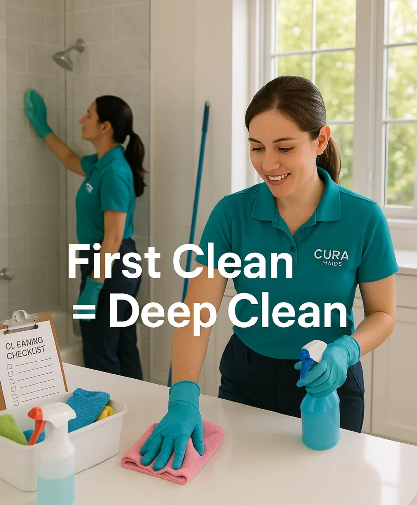 Professional cleaners from Cura Maids deep cleaning a bright Raleigh home kitchen and bathroom using eco-friendly products.