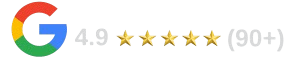 Happy Cura Maids customer smiling next to Google review badge showing overall 4.95 rating and total 90 reviews.