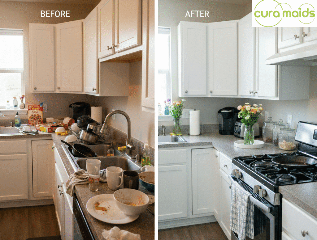House cleaning Raleigh NC before and after | Cura Maids | Cluttered kitchen on left, spotless kitchen on right, showing professional maid service results.