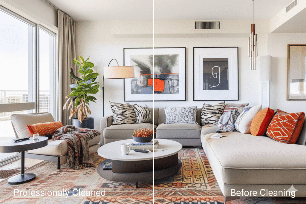 Split image showing a modern living room. The left half (Professionally Cleaned by Cura Maids Raleigh) is perfectly tidy and spotless. The right half (Before Cleaning) is slightly unorganized with scattered cushions and a blanket, highlighting the transformation achieved by professional house cleaning and maid service.