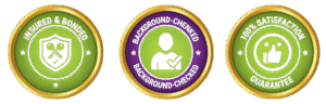 Cura Maids Trust & Guarantee Badges: Insured & Bonded, Background-Checked, and 100% Satisfaction Guarantee icons with neon green centers and gold rings.