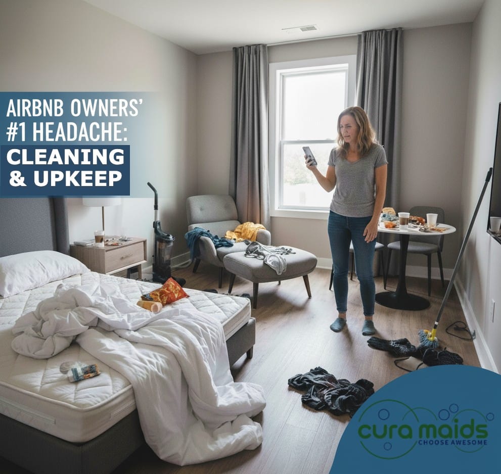 An overwhelmed woman in a messy Raleigh short-term rental bedroom, smartphone in hand, looking at the dirty room. Her expression shows stress from the extensive vacation rental cleaning and short term rental cleaning services needed. This illustrates the challenge a short-term rental cleaner or short term rental maid would solve.