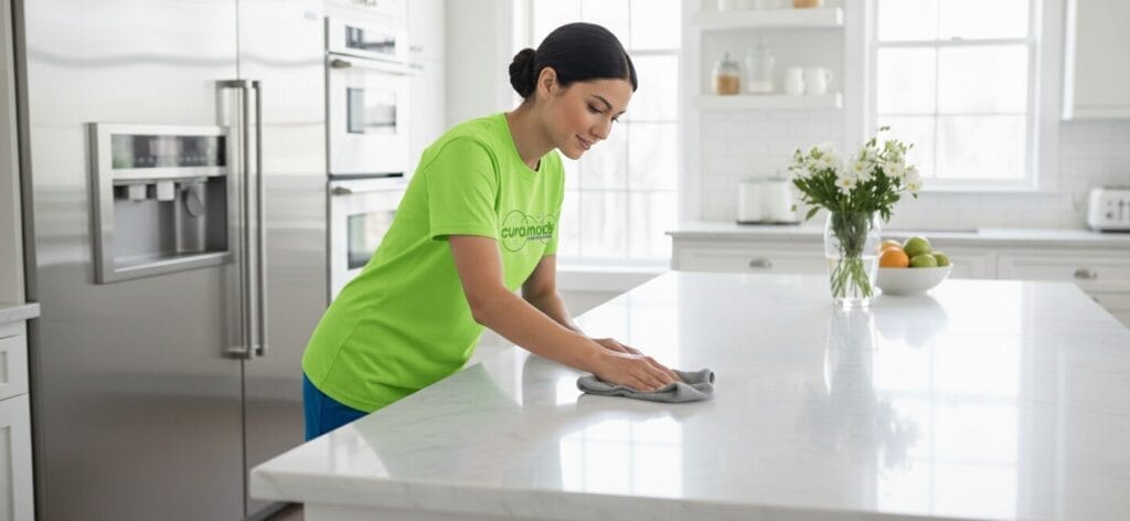 A Cura Maids cleaner, wearing a green shirt, carefully wipes down a large, white kitchen island countertop with a cloth. This represents the meticulous professional house cleaning standards of the maid service Cura Maids Raleigh NC.