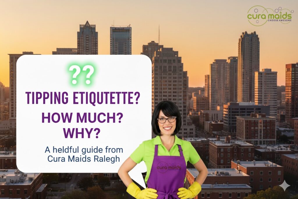 Image with Raleigh, NC downtown skyline at sunset, featuring a speech bubble asking: "TIPPING ETIQUETTE? HOW MUCH? WHY? A helpful guide from Cura Maids Raleigh."