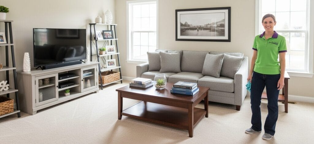 Clean, organized living room after professional 3-hour house cleaning service in Raleigh NC showing vacuumed floors, dusted surfaces, and tidy space
