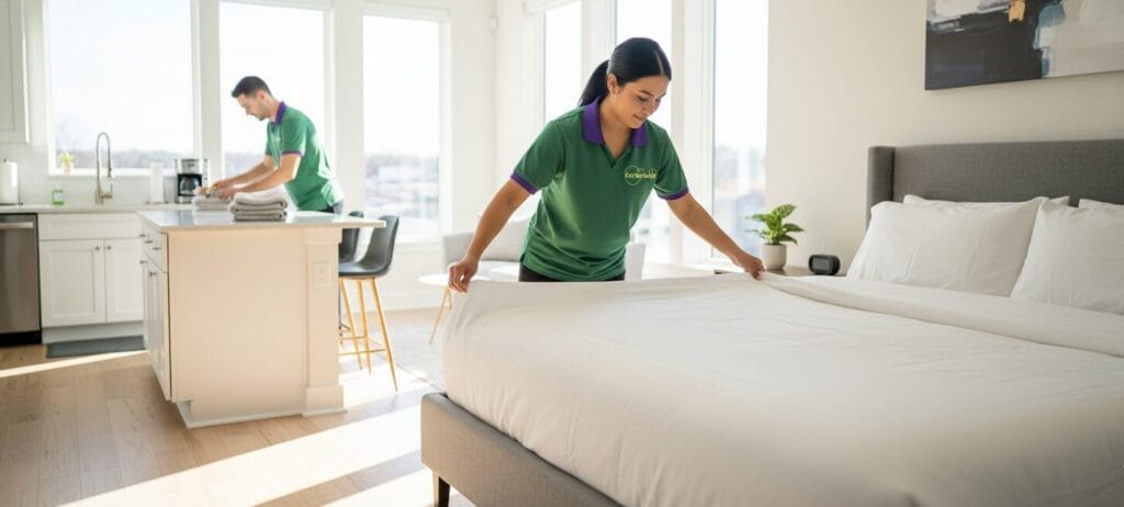 Cura Maids team cleaning Airbnb rental in Raleigh NC making bed with fresh linens in bright modern interior