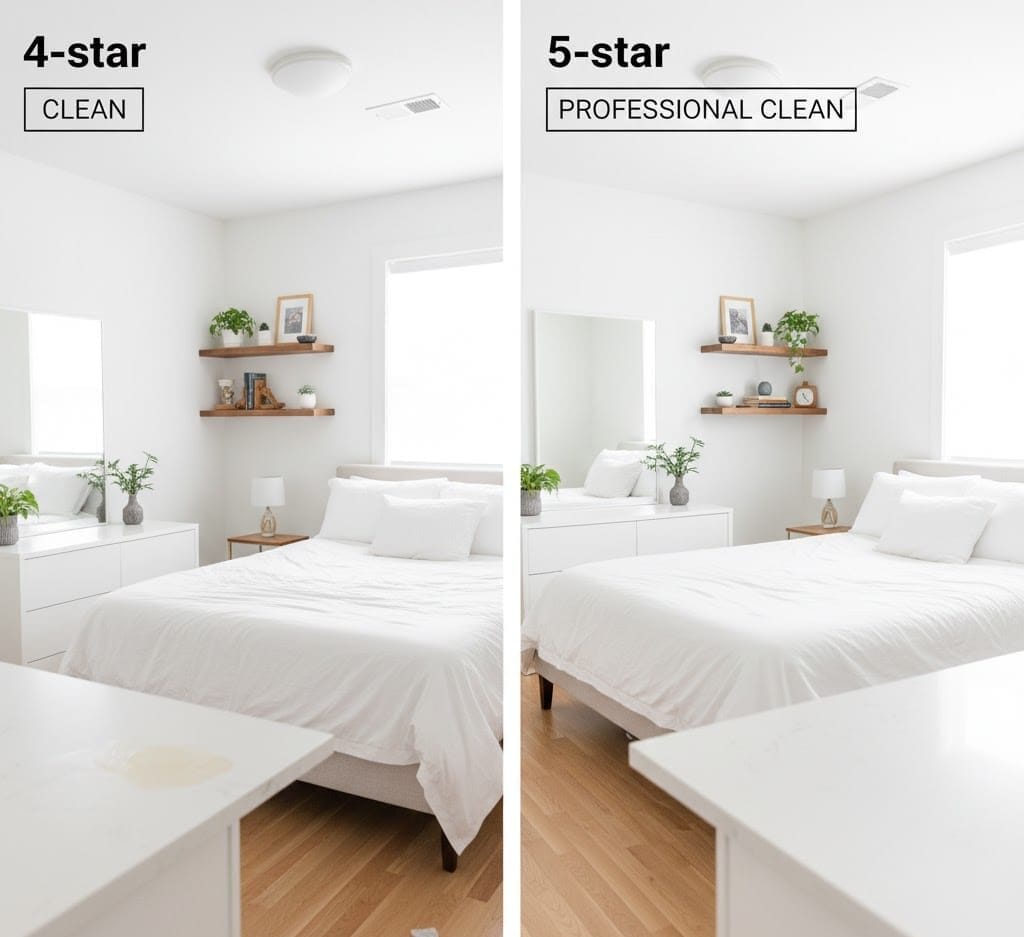 Split-screen comparison of an Airbnb room with a 4-star clean (wrinkled sheets, dust, smudges) versus a 5-star professional clean (perfectly made bed, spotless surfaces, pristine floors) in Raleigh/Durham.