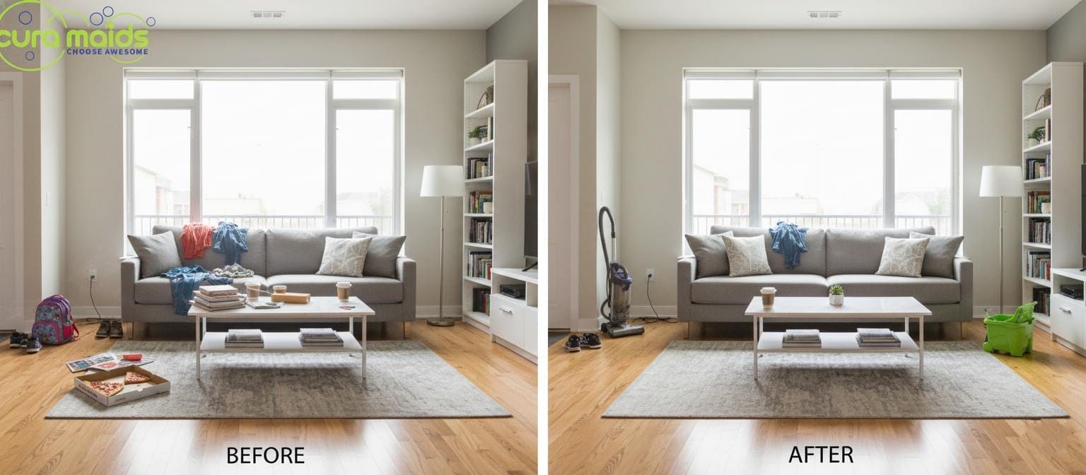 Before and After: 2,000 sq ft House Cleaning Transformation in Raleigh Before and after comparison of 2000 sq ft house cleaning showing messy living room transformed to spotless organized space in Raleigh NC