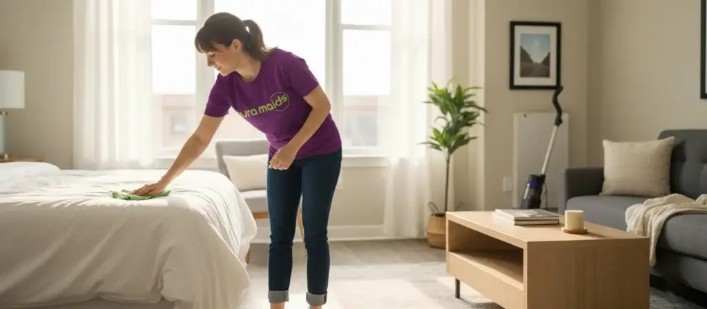 Professional female cleaner in a purple shirt with a neon green Cura Maids logo making a bed in a sunny, modern Raleigh Airbnb apartment.