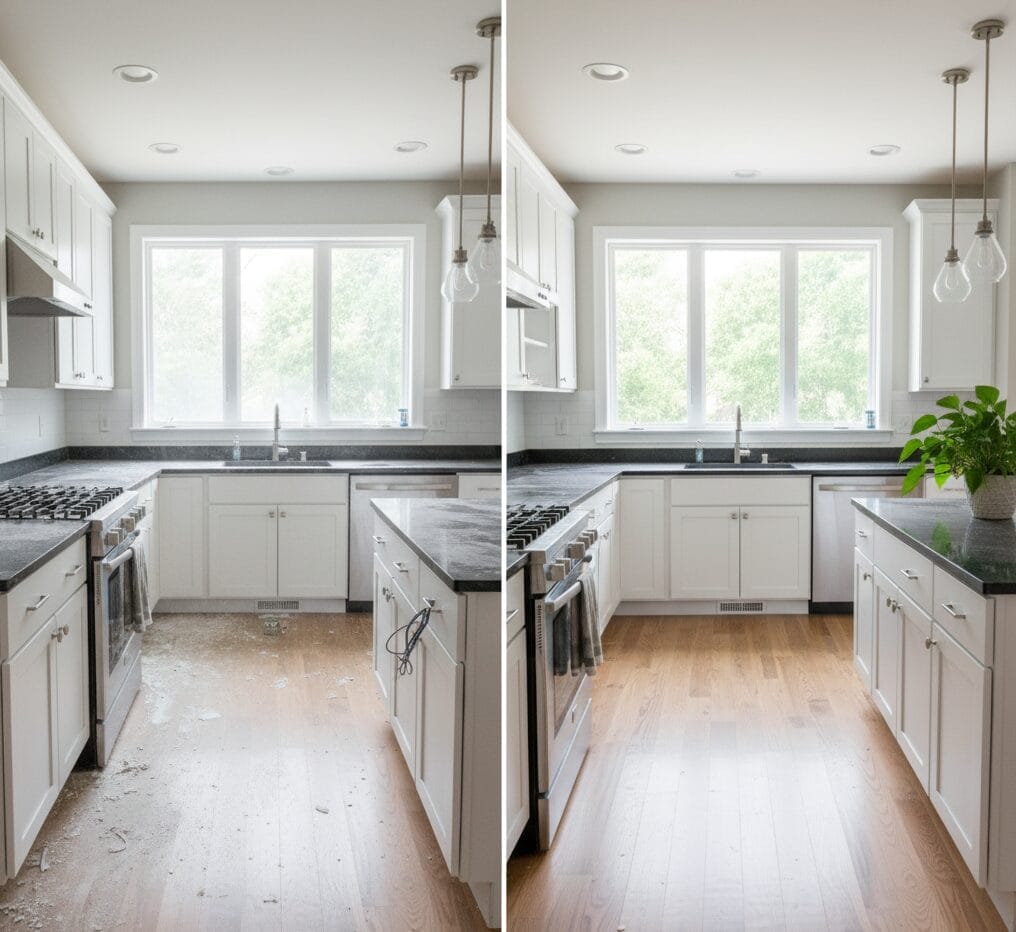 Professional Cura Maids post-construction cleaning service transforming Raleigh home from dusty site to pristine condition