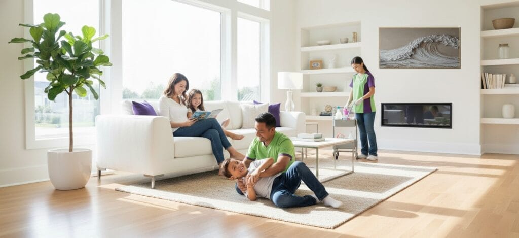 Happy Raleigh family relaxing in spotless living room after Cura Maids professional house cleaning service