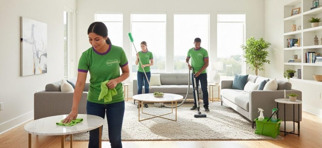 Professional house cleaners in purple uniforms cleaning 2000 square foot Raleigh NC home with eco-friendly products