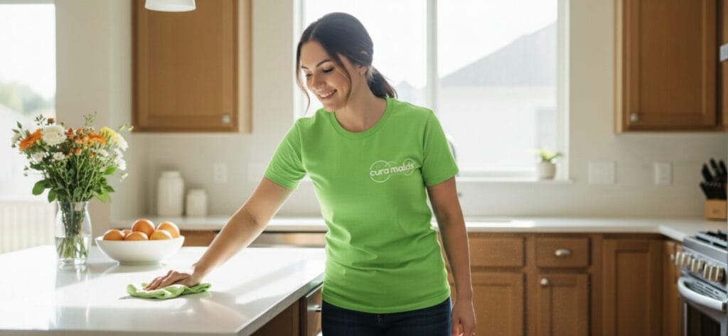 Professional same-day cleaning service in Raleigh NC home with cleaner sanitizing kitchen