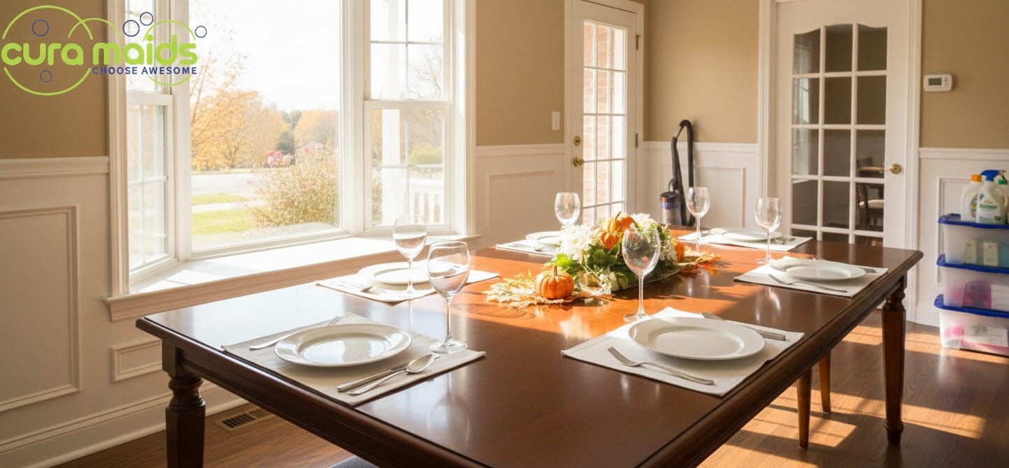 Clean Thanksgiving dining room with polished table after professional cleaning service in Durham NC