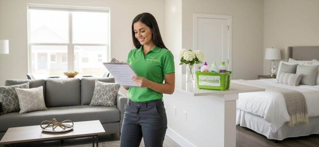 Professional maid service performing hotel-level Airbnb cleaning turnover in Raleigh NC vacation rental for 5-star reviews