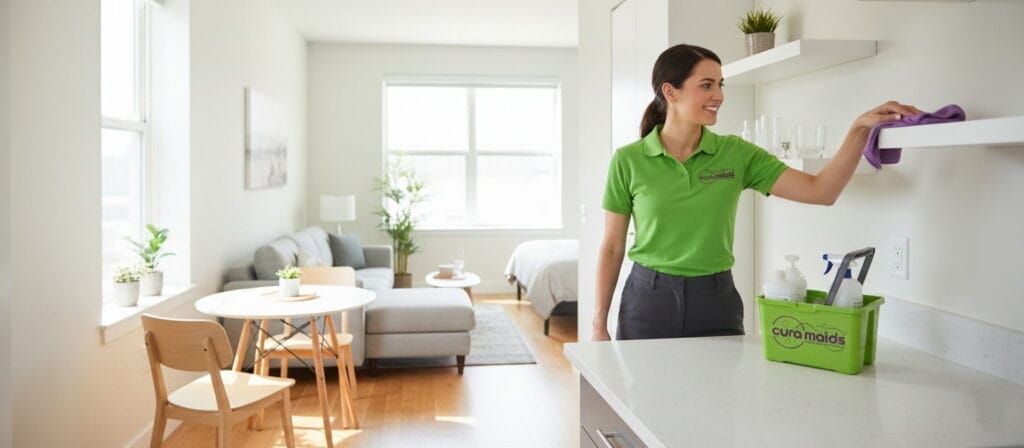 Professional cleaner organizing and cleaning modern small apartment studio in Raleigh NC with natural light