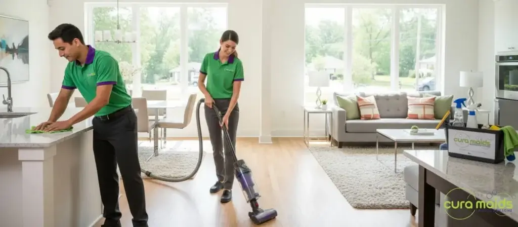 Professional house cleaning team in Cura Maids uniforms cleaning modern Raleigh NC home living room with natural light