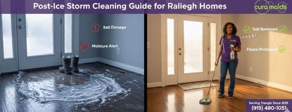 Professional Cura Maids cleaner in purple uniform providing post-ice storm deep cleaning service in Raleigh home, removing salt residue from hardwood floors with eco-friendly supplies, showing before and after winter storm cleanup transformation