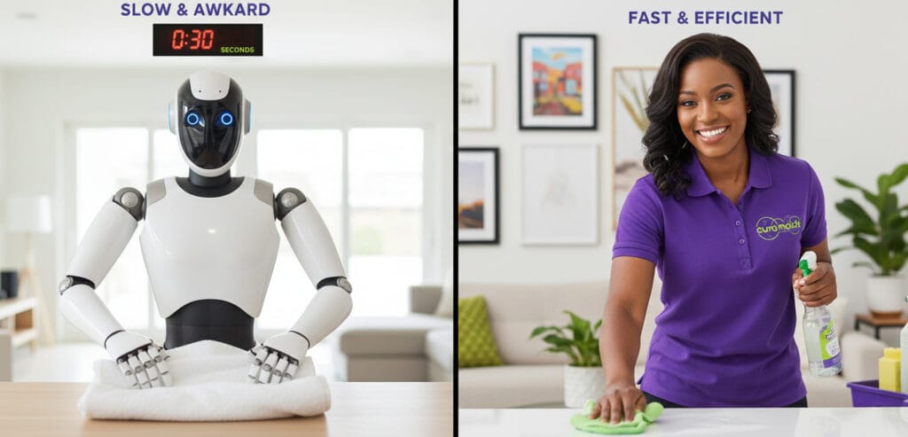 Professional Cura Maids cleaner in purple branded uniform efficiently cleaning Raleigh home while humanoid robot slowly attempts basic task showing why local cleaning services remain superior