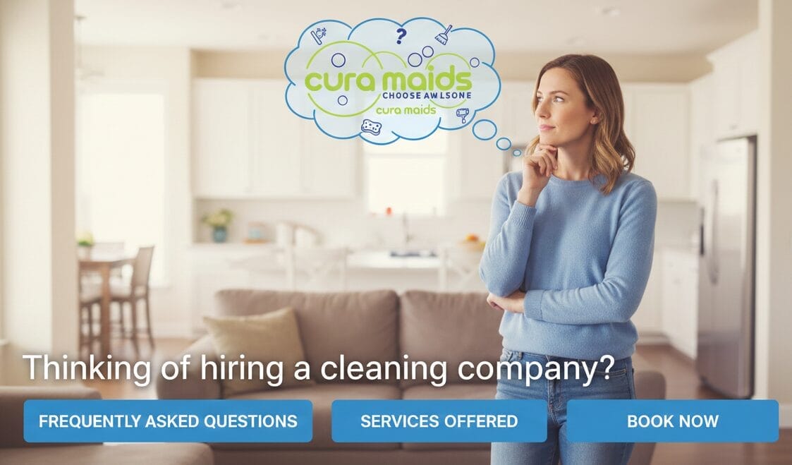 A Raleigh homeowner thinking about hiring a house cleaner while viewing the Cura Maids 7-Star cleaning checklist and service options.
