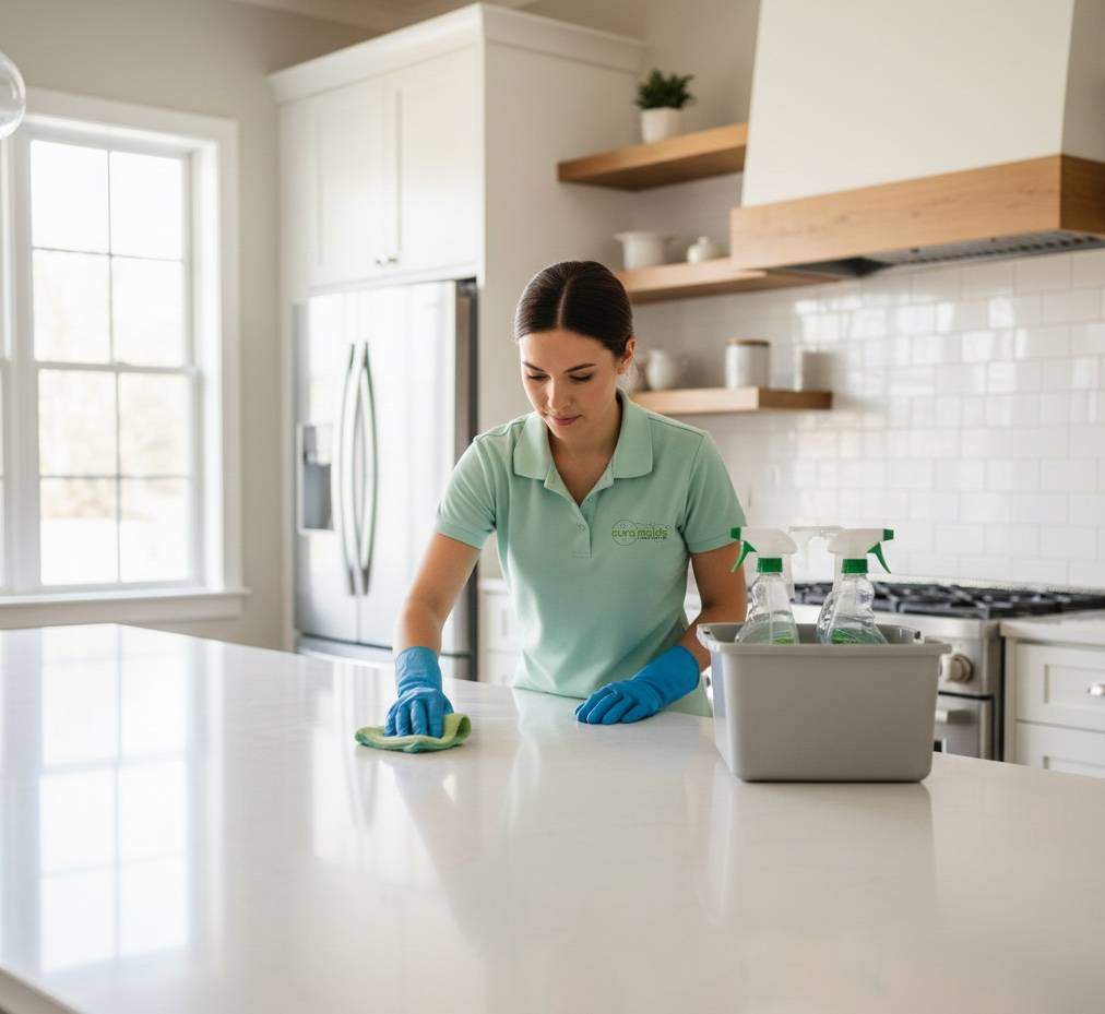Cura Maids professional cleaning a Raleigh NC kitchen during maid service visit