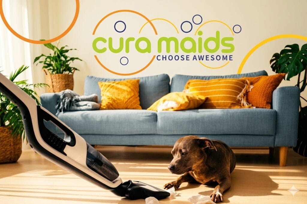 Dog watching vacuum cleaner remove pet hair from hardwood floors in clean Raleigh home with gray couch showing professional pet cleaning services by Cura Maids