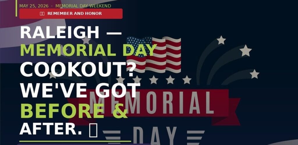 Memorial Day weekend BBQ cookout cleaning service Raleigh NC showing American flag with REMEMBER AND HONOR banner - Cura Maids pre-party and post-party cleaning for summer cookouts