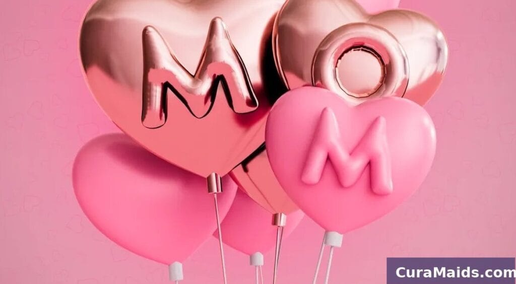 Mother's Day gift certificate for house cleaning services in Raleigh showing pink heart balloons spelling MOM with Happy Mother's Day card - Cura Maids gift cards for busy moms