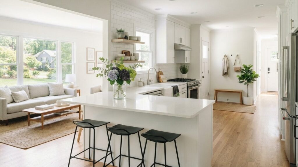Bright, spotless kitchen and living room representing the 80/20 rule of house cleaning explained in Cura Maids guide to high-impact cleaning tasks