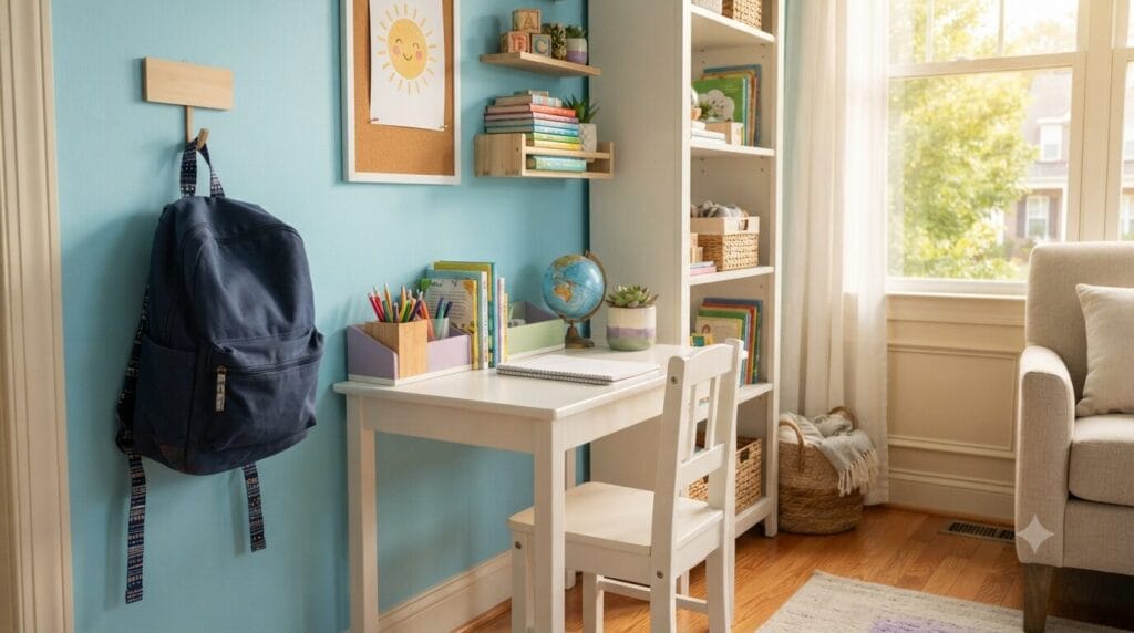 Organized kids study nook with desk and backpack hook in a Raleigh NC home, illustrating Cura Maids back-to-school cleaning and organization checklist