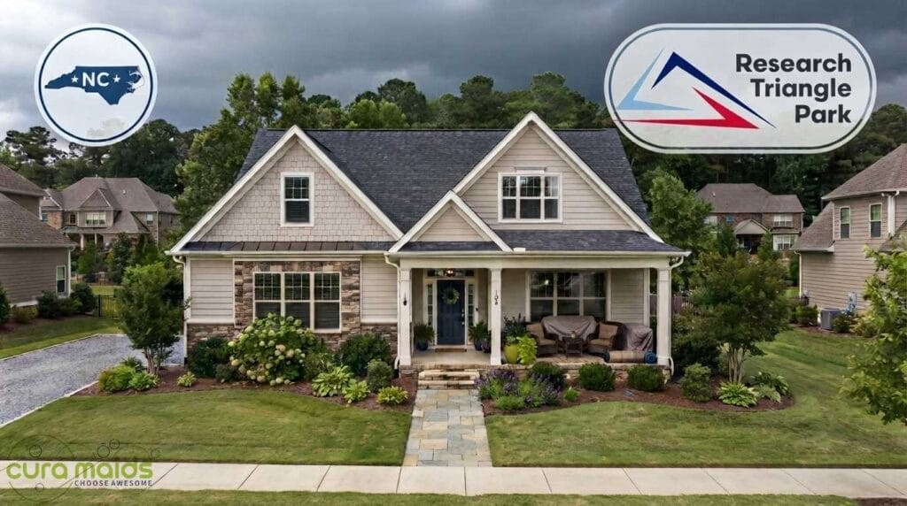 Raleigh NC home exterior with storm clouds gathering, secured outdoor furniture and clean gutters, illustrating Cura Maids hurricane season home prep checklist