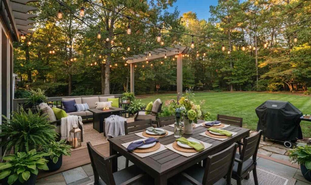 Clean backyard patio set up for a Labor Day cookout in Raleigh NC, illustrating Cura Maids pre-party and post-party cleaning service for the last summer holiday weekend