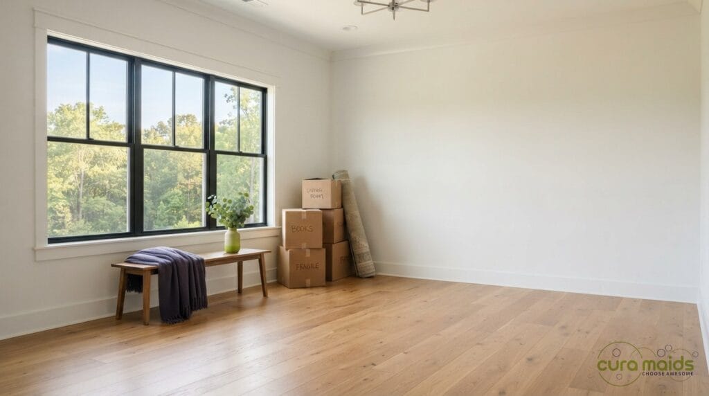 Empty sunlit living room with moving boxes representing a new home ready for move-in cleaning in Raleigh NC, illustrating Cura Maids pre-move-in deep cleaning checklist