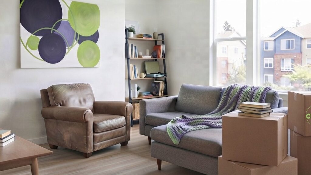 Clean off-campus apartment living room near Raleigh NC with moving boxes, illustrating Cura Maids roommate cleaning guide for shared student housing and security deposit protection