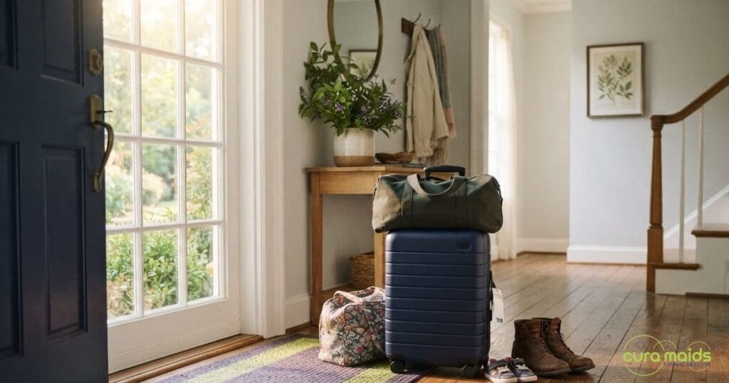 Suitcases at the entryway of a clean Raleigh NC home representing a family returning from vacation, illustrating Cura Maids post-vacation cleaning guide