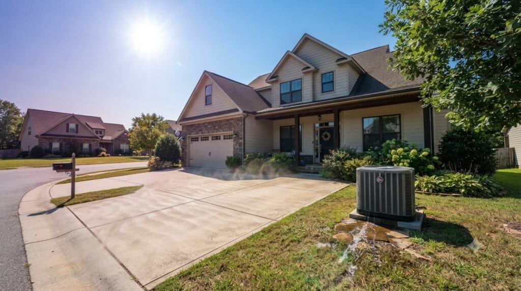 Raleigh NC house exterior during record heat dome showing AC condensation and heat shimmer, illustrating summer humidity and mold risk covered in Cura Maids prevention guide