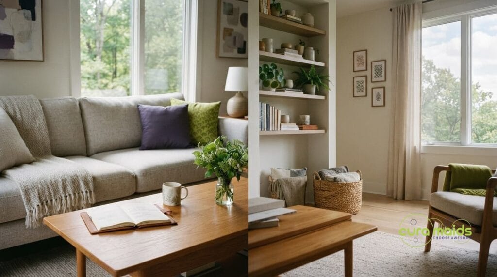 Bright clean living room in a Raleigh NC home representing the choice between recurring cleaning service and one-time deep cleaning covered in Cura Maids guide