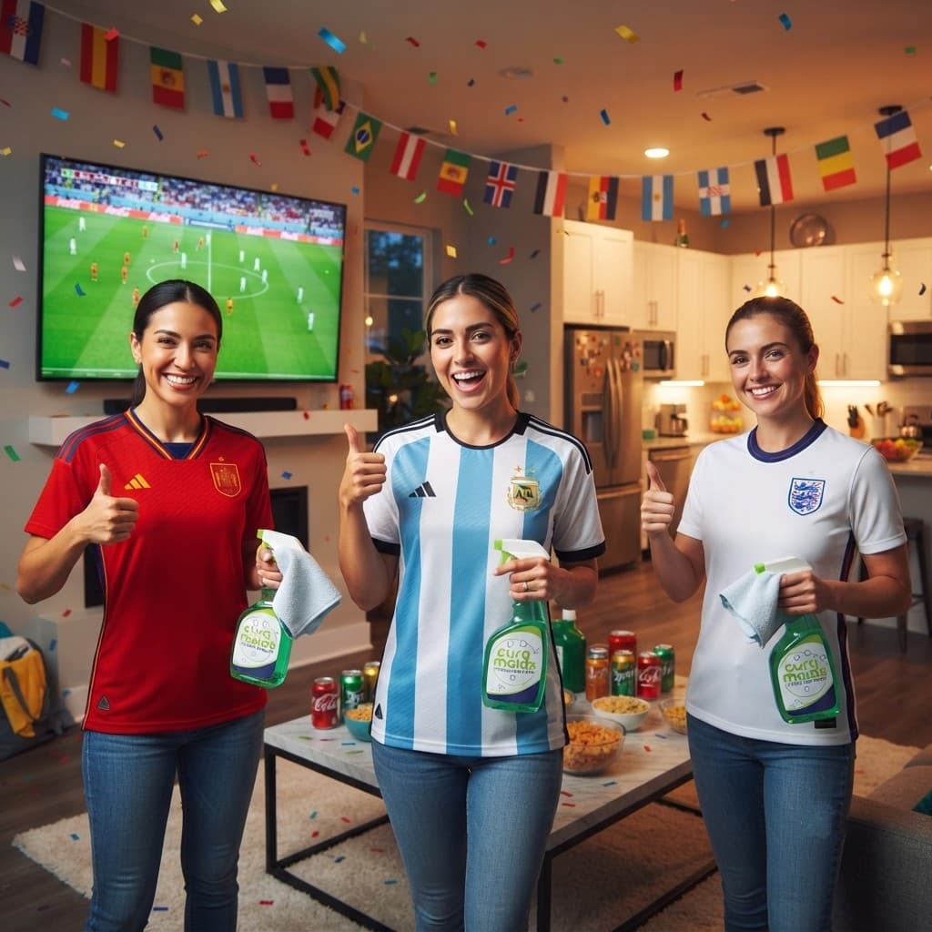 Clean modern living room set up for a soccer watch party in Raleigh NC with snacks and seating, illustrating Cura Maids pre and post-game cleaning service