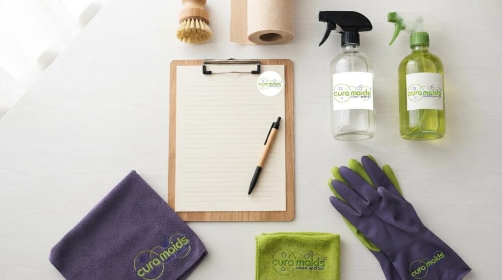 Cleaning checklist clipboard with supplies flatlay representing the Cura Maids 77-Star cleaning process visualized room by room