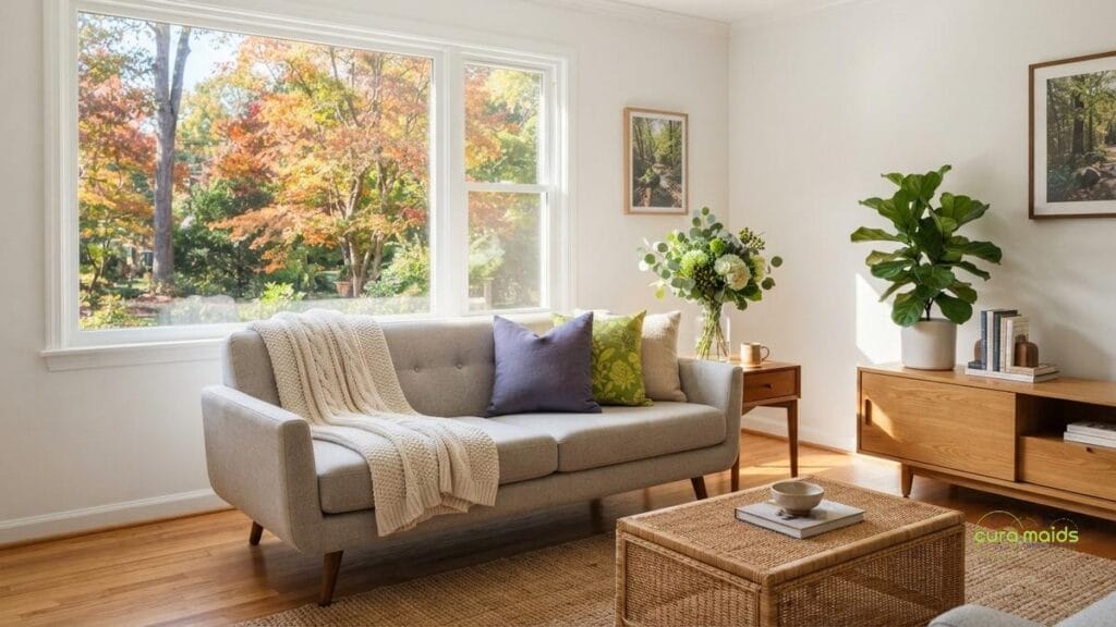 Bright, clean living room in a Raleigh NC home during early fall, illustrating Cura Maids fall allergy season cleaning checklist covering ragweed, mold, and dust mites