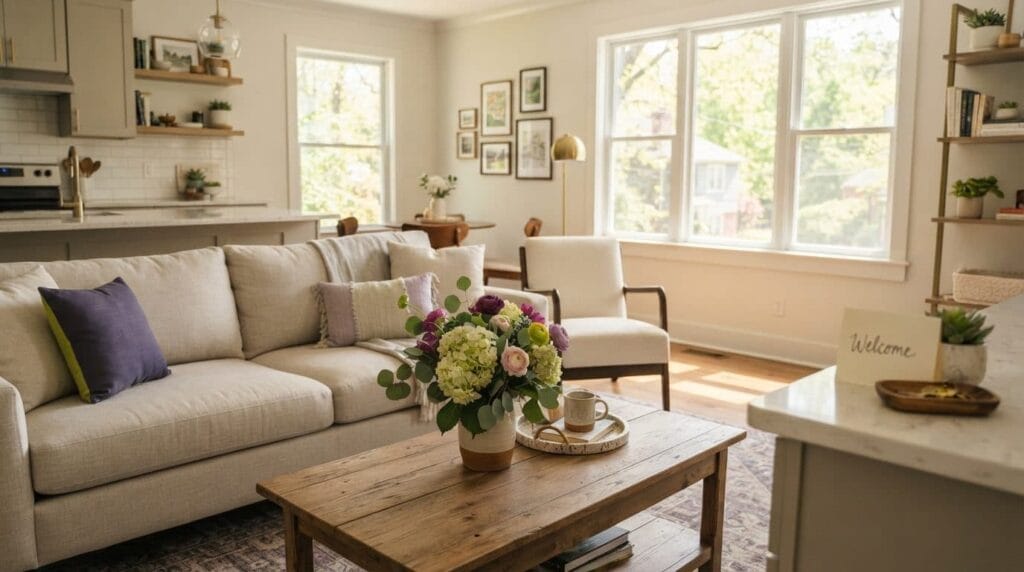 Guest-ready Airbnb living room in Raleigh NC, illustrating the Cura Maids client story of a first-time host's successful launch day