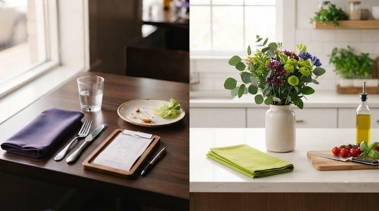 Side-by-side comparison of a restaurant check and a clean Raleigh NC kitchen counter, illustrating the Cura Maids cost comparison between one dinner out and a month of professional cleaning