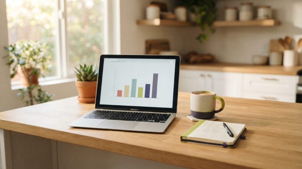 Bright home workspace with laptop and notepad representing the 2026 cleaning trends data study covered in the Cura Maids blog post for Raleigh families