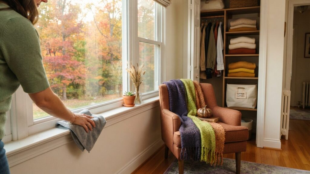 Closet and windowsill cleaning scene representing a fall home reset checklist before winter in Fuquay-Varina, NC