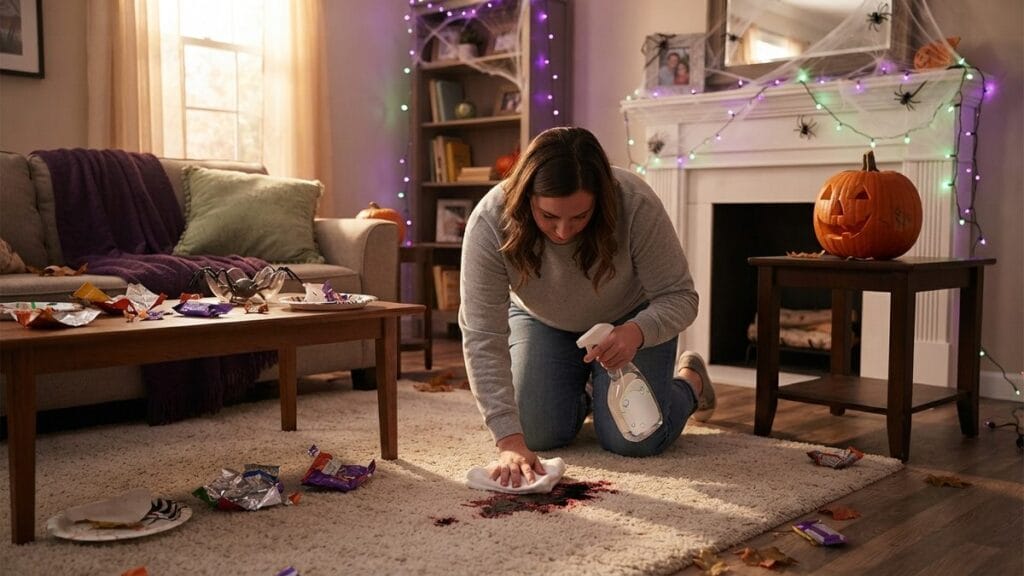 Person cleaning a stain from a rug the morning after a Halloween party, representing Cura Maids' Halloween party cleanup guide
