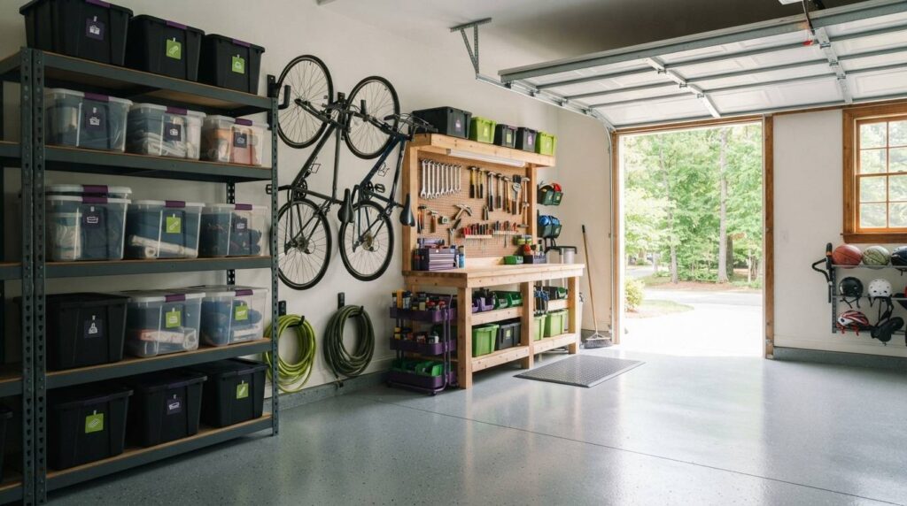 Organized garage with labeled storage bins and shelving in a Raleigh NC home, illustrating the Cura Maids September garage and patio furniture decluttering checklist