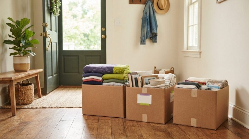 Boxes of folded clothing and household items ready for donation near a Raleigh NC entryway, illustrating the Cura Maids local guide to donation drop-off locations